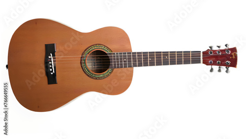 A small wooden guitar with a black neck