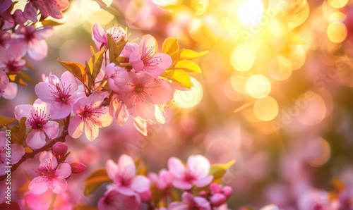 Beautiful cherry blossoms in spring time with sun rays and lens flare, nature background. Cherry blossom background with bokeh effect and copy space.