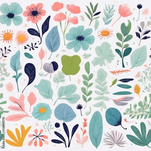 A collection of seamless pattern, colorful abstract plants and flowers. Hand drawn Collection of leaves and flowers. A close up of a pattern of flowers and leaves.
