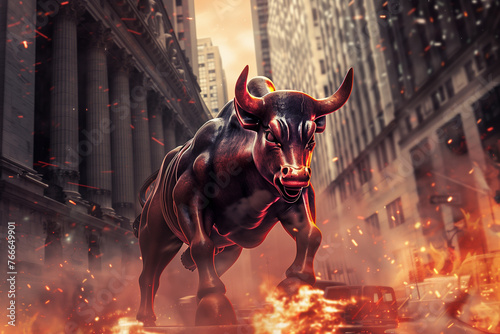 Bull on Wall Street with Fire, Hot Bull Market © Sage Studios