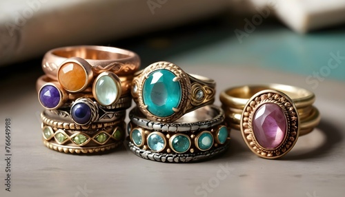 A Stack Of Bohemian Inspired Rings Featuring Color