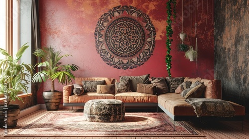 a stunning mandala pattern on a dusty rose wall, offering an elegant touch to the room with a matching sofa.