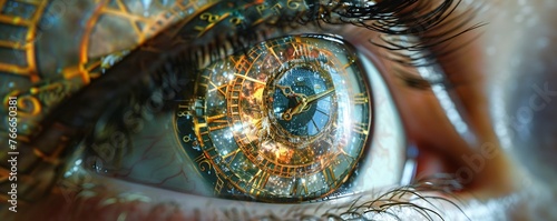 Capture the essence of time manipulation through a detailed zoom-in on a persons eye reflecting a kaleidoscope of clock faces melting and reshaping time Infuse the image with a sense of wonder and cur photo
