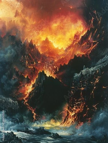 Craft a panoramic scene that showcases the juxtaposition of destruction and creation found in volcanic landscapes Use striking colors and intricate details to emphasize the raw power and stunning beau