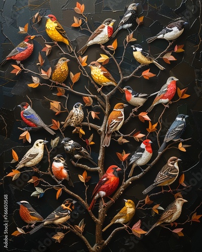 Craft a striking composition featuring a diverse flock of birds perched on branches, each representing a different existential question Use intricate patterns and textures to symbolize the complexity 
