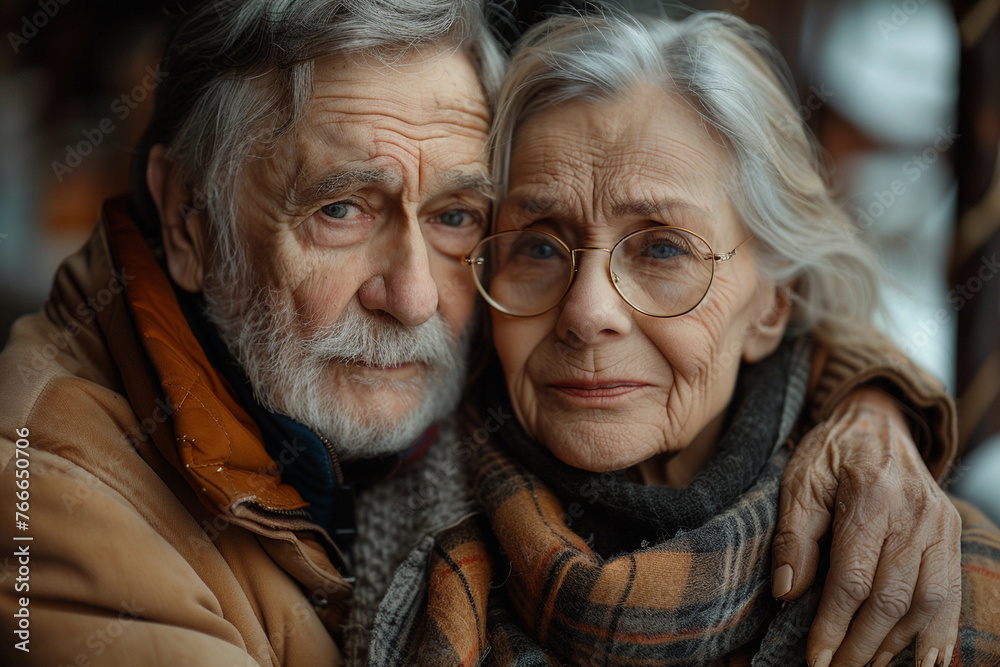 Close up portrait of Senior elderly loving couple very old man and old woman wearing warm coats and hats hugging walking at city streets or park at autumn or winter. Faces covered wrinkles Close up portrait of Senior elderly loving couple very old man and old woman wearing warm coats and hats hugging walking at city streets or park at autumn or winter. Faces covered wrinkles