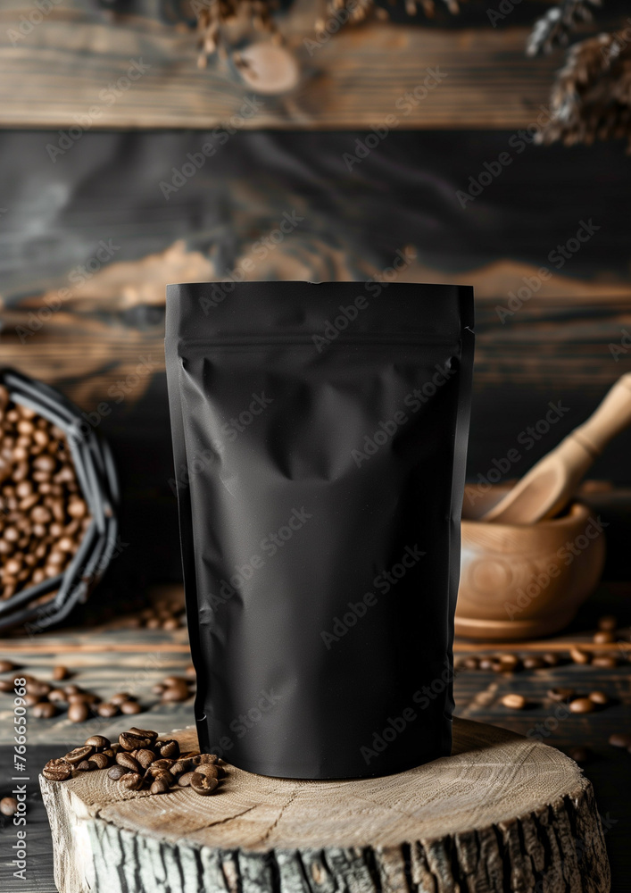 Black Unbranded Packaging for Coffee beans-Mock Up Scen-Rustic