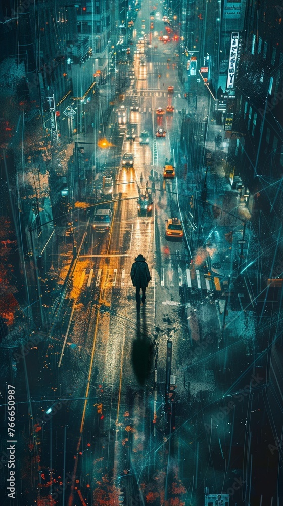 Obraz premium Illuminate the essence of espionage with a high-angle perspective capturing a spy in a moment of intense surveillance Infuse the scene with suspense, technology, and hints of betrayal, creating a dyna