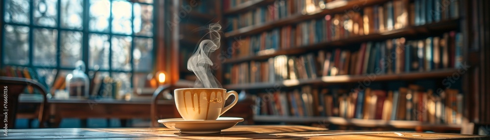 Immerse viewers in the world of literary cafes with a close-up shot capturing the essence of cozy book-filled corners and steaming cups of coffee, inviting them to savor the atmosphere Immerse viewers in the world of literary cafes with a close-up shot capturing the essence of cozy book-filled corners and steaming cups of coffee, inviting them to savor the atmosphere