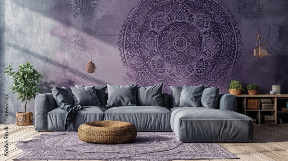 a stunning mandala pattern on a soft lavender gray wall, offering an elegant touch to the room with a matching sofa.