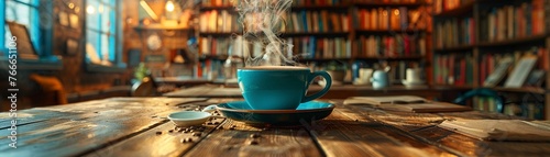 Immerse viewers in the world of literary cafes with a close-up shot capturing the essence of cozy book-filled corners and steaming cups of coffee, inviting them to savor the atmosphere #766651106