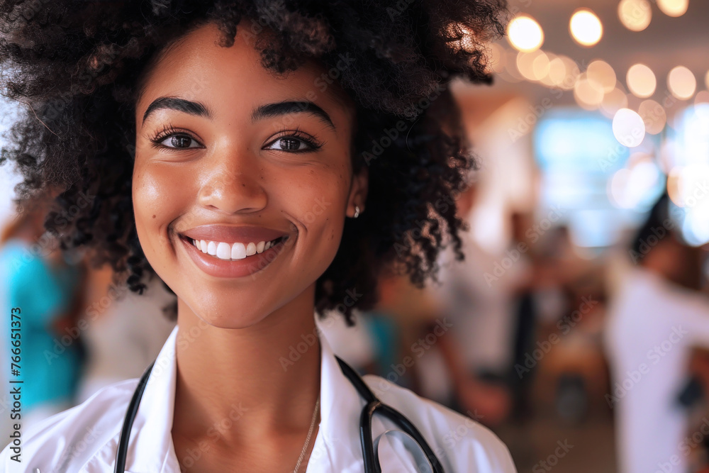 Fototapeta premium Afro female doctor in medical uniform smile, healthcare and medical