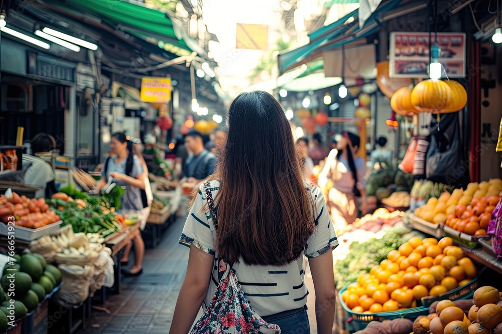 Urban explorers navigating a vibrant street market Urban explorers navigating a vibrant street market