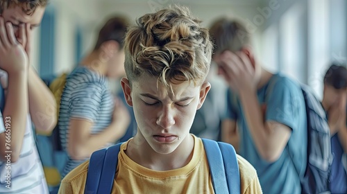 Bully. stressed unhappy. male student bullying in school photo