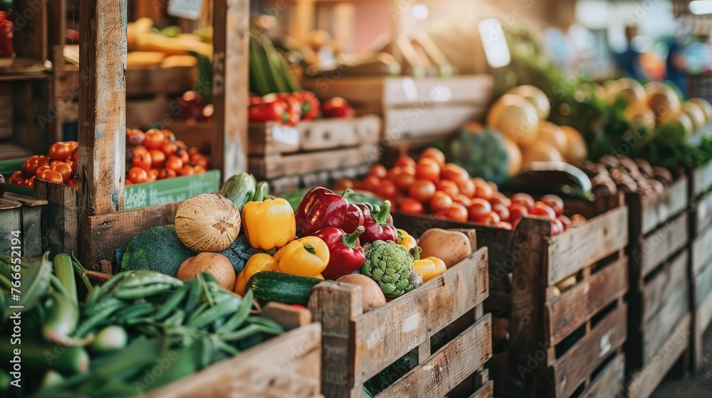 vegetable shop. organic shop farmers market, vegetarian, vegan food background. Fresh healthy vegetables in wooden boxes on table