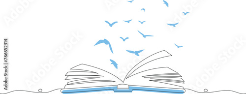 Literacy day papercut card open book birds flying line art style. book day vector illustration
