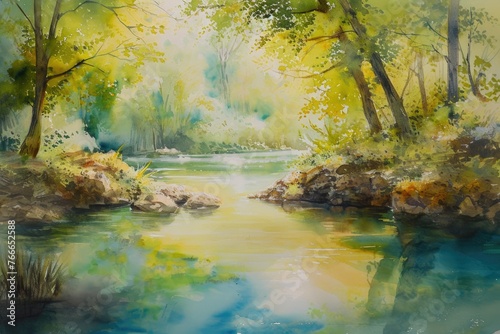 Watercolor masterpiece depicting a serene natural scene