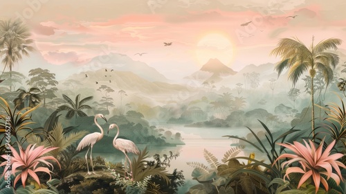 Tropical Exotic Landscape Wallpaper. storks in the forest. Hand Drawn Design. Luxury Wall Mural. 