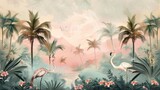 Tropical Exotic Landscape Wallpaper. Hand Drawn Design. storks in the forest. Luxury Wall Mural