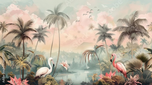 Tropical Exotic Landscape Wallpaper. Hand Drawn Design. Luxury Wall Mural  