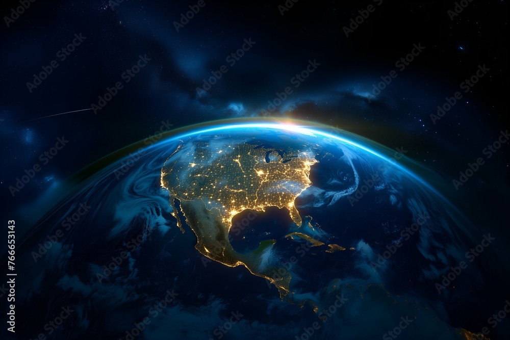 Earth background space with atmospheric layer, view of North America with illuminated cityscape