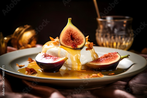 Fig and Honey Dream, Drizzled Golden Nectar in a Serene Dessert. Generated AI photo