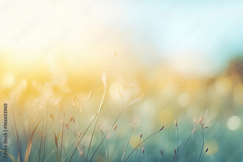 Earth day concept: Abstract blur beautiful soft green bokeh light meadow and blue sky on autumn sunrise background - generative ai - obrazy, fototapety, plakaty 