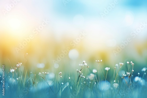 Earth day concept: Abstract blur beautiful soft green bokeh light meadow and blue sky on autumn sunrise background - generative ai
