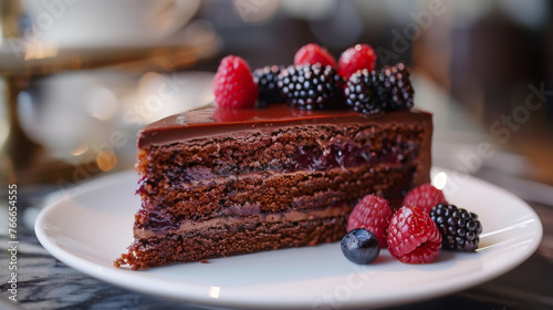 Chocolate cake topped with a glossy chocolate ganache and adorned with an assortment of fresh berries. Dessert menu feature and visual for a recipe blog.