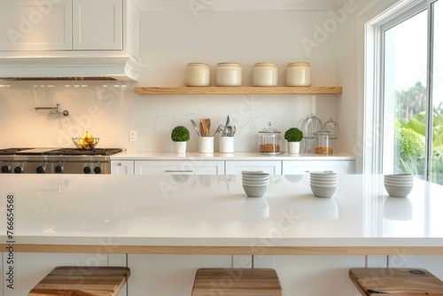 A clean white kitchen with wooden stools. Generative AI.