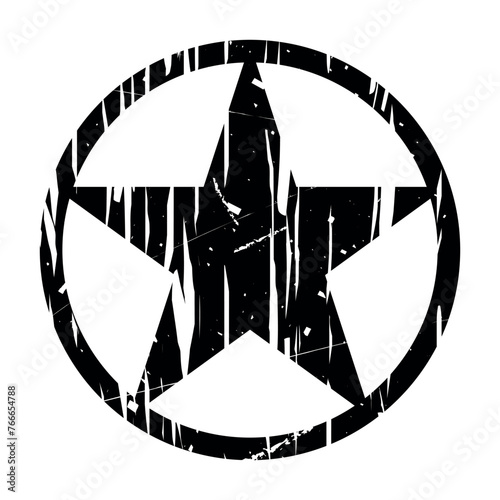 Grunge black star in a circle. Black silhouette on a transparent background. Vector drawing of a shabby star for stencil, print..