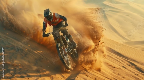 Motocross man biker in the desert dunes. Biker sports and recreation. Speeding and performing stunts. Dramatic cinematic background. Sandy summer dessert