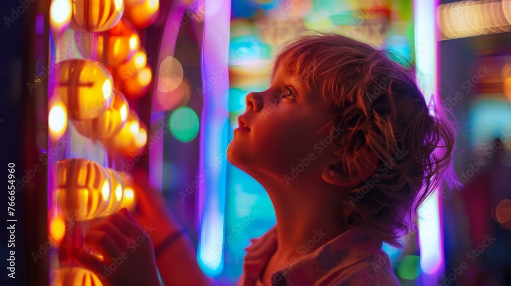 A young boy looking at a machine with lights and neon. Generative AI.