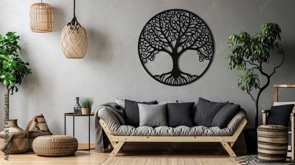a tree mandala on a neutral wall, with a cozy sofa completing the inviting ambiance.