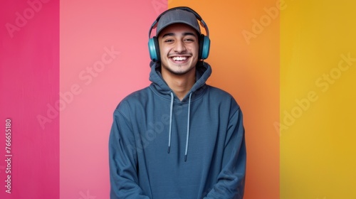 Portrait of a hipster man listening to music against a colorful background © Krtola 