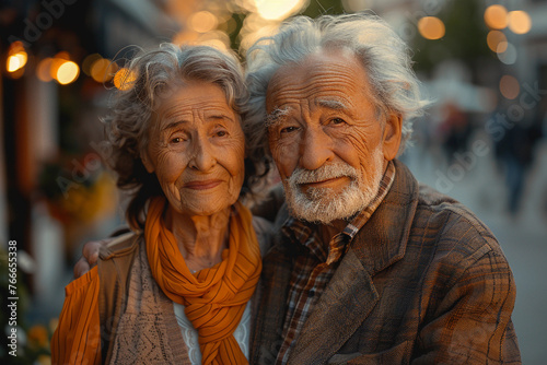 Close up portrait of Senior elderly loving couple very old man and old woman wearing warm coats and hats hugging walking at city streets or park at autumn or winter. Faces covered wrinkles