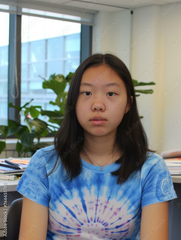 A girl sitting in an office with a tie dye shirt on. Generative AI. A girl sitting in an office with a tie dye shirt on. Generative AI.