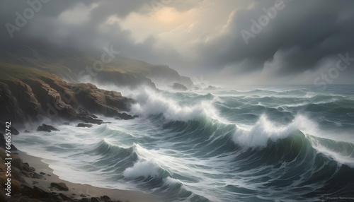 Atmospheric Misty Seascape With Crashing Waves I
