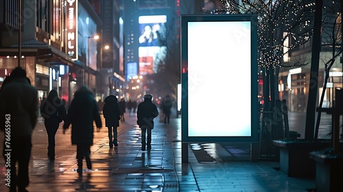 A digital billboard in a busy pedestrian area at night. There are people walking past the billboard on the sidewalk.