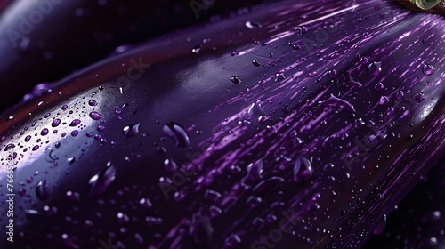 Close-up of a purple eggplant with water droplets on its skin. The eggplant is a shiny, smooth, and has a deep purple color. photo