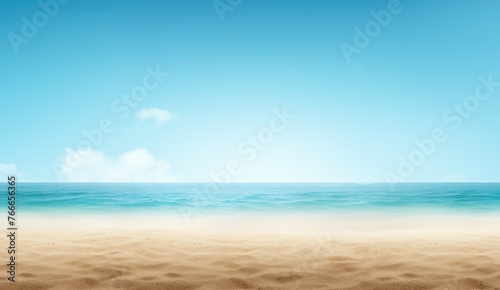 Empty summer beach background. Blue ocean water and yellow beach sand with copy space, front view. Empty island coast 