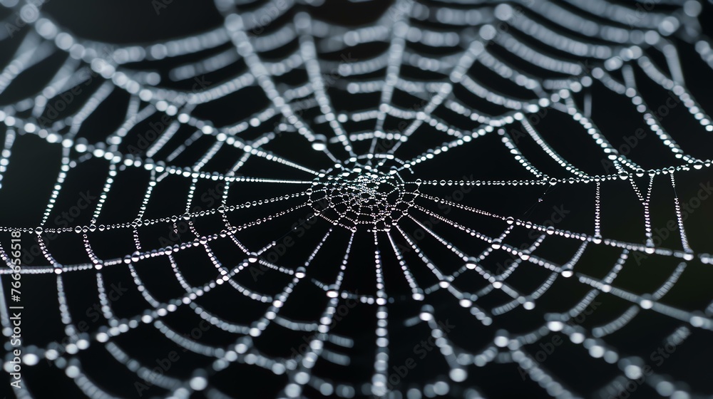 A delicate and intricate spider web is covered in morning dew. The web is perfectly symmetrical, with a spiral pattern that draws the eye in.