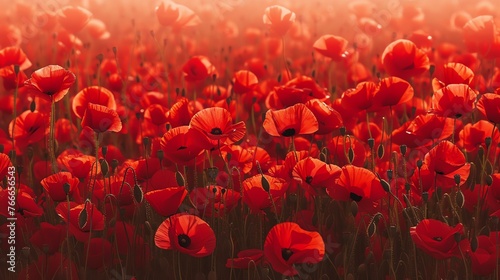 A field of red poppies. The flowers are in focus  with a blurred background. The colors are vibrant and bright. The image is full of life and beauty.