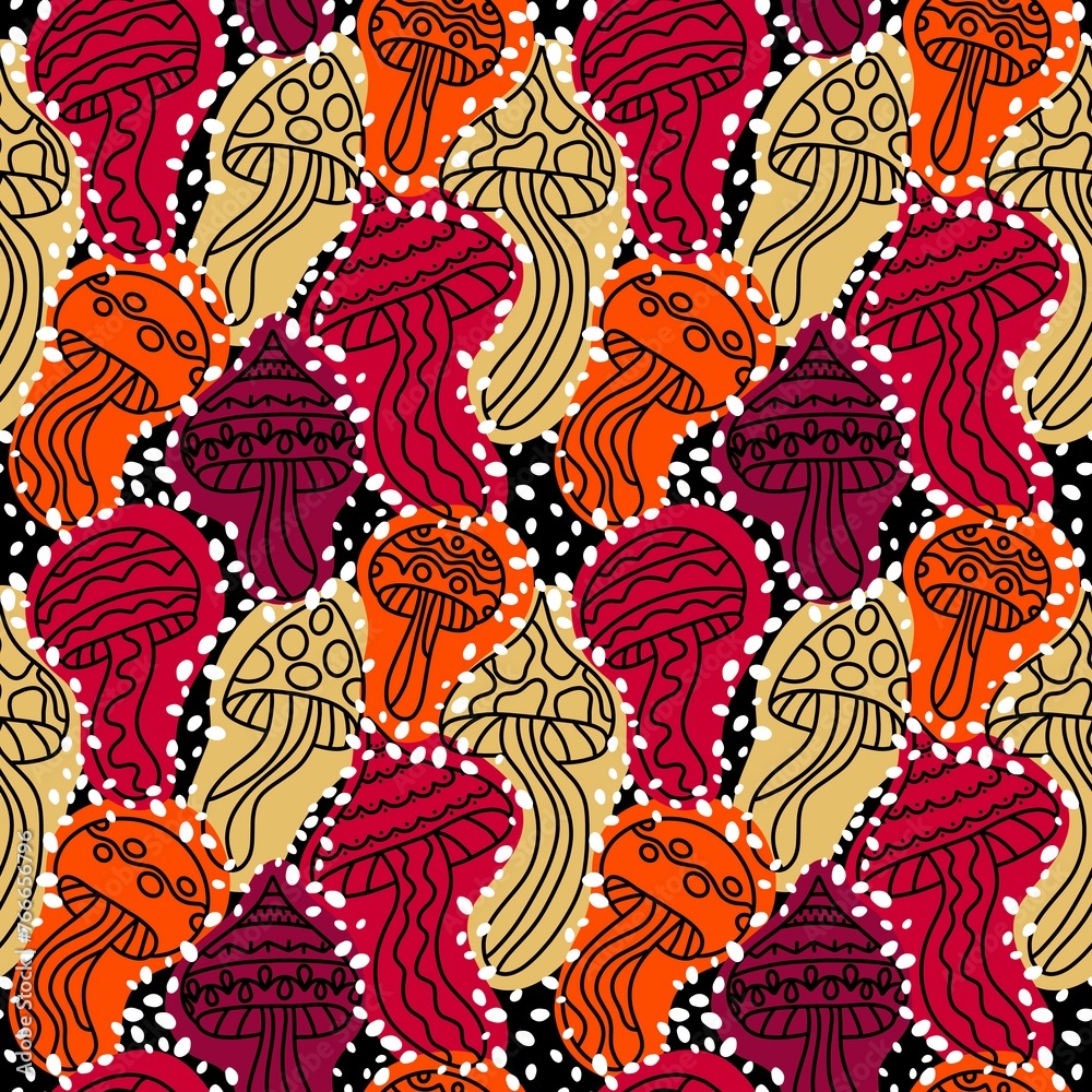 Naklejka premium Cartoon autumn harvest seamless neon Halloween mushrooms with skulls pattern for wrapping paper and fabrics