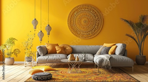 a vibrant mandala on a warm mustard yellow wall, creating a serene ambiance with a stylish sofa.