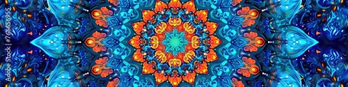 a vibrant mandala pattern set against a deep azure background, capturing the intricate details and symmetrical beauty.