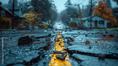 broken road in rain with leaves photo