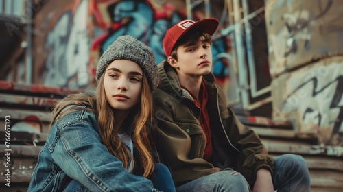 Thoughtful teenage boy and girl in casual clothes sitting on the steps outdoors, looking away from the camera.