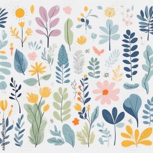 A collection of seamless pattern, colorful abstract plants and flowers. Hand drawn Collection of leaves and flowers. A close up of a pattern of flowers and leaves.
