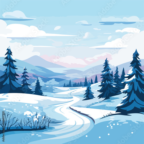 Flat design winter landscape background with blue t © Mishi